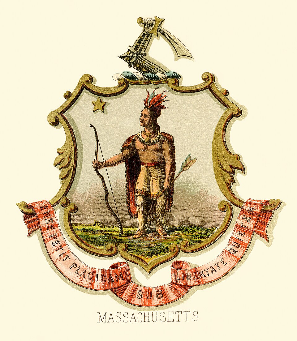 The coat of arms on the Great Seal of Massachusetts: a Native man on the shield holding a downward-pointing arrow, with an armored arm gripping a raised broadsword as the crest above him.