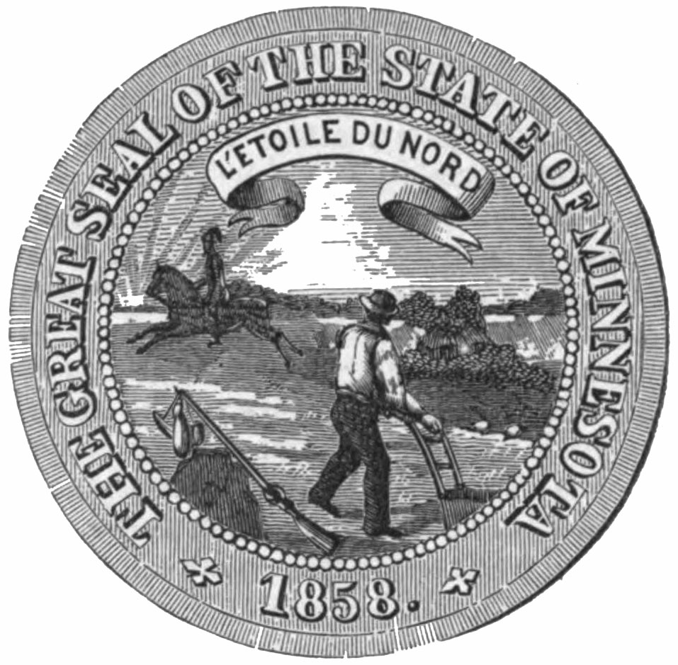 The 1861 to 1983 Seal of Minnesota: a settler plowing a field in the foreground while a Native man on horseback rides toward the setting sun.